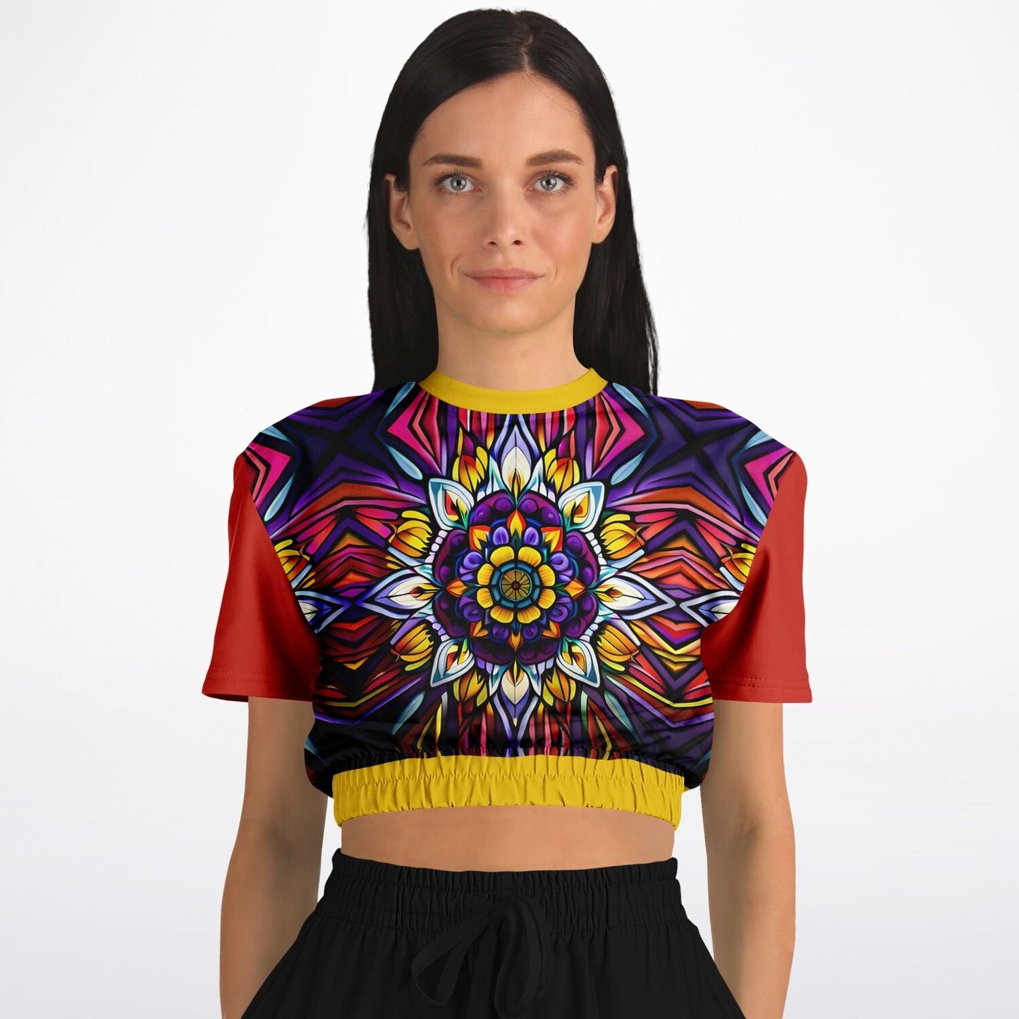 Kaleidoscope Athletic Cropped Short Sleeve Sweatshirt - AOP - Sunflower Cabana