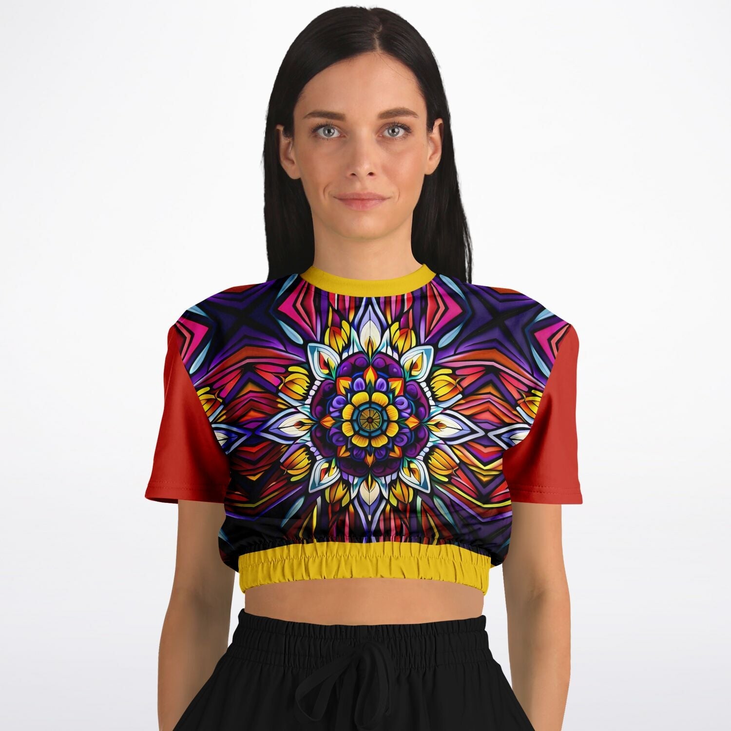 Kaleidoscope Athletic Cropped Short Sleeve Sweatshirt - AOP - Sunflower Cabana