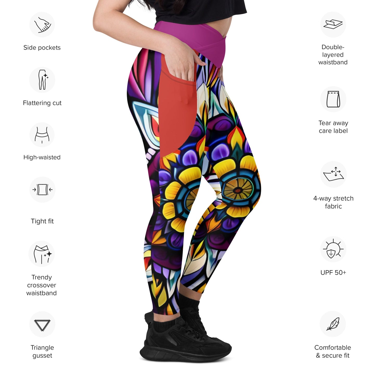 Kaleidoscope Crossover leggings with pockets - Sunflower Cabana